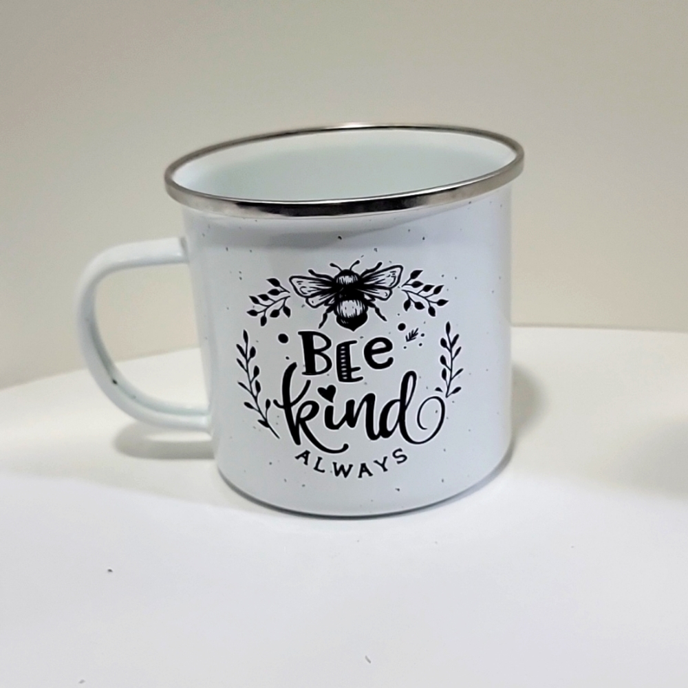 "Bee Kind Always" White Enamel Coffee Mug.